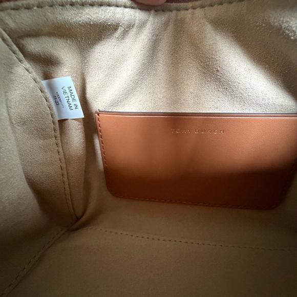 Tory Burch Petite T Monogram Denim Barrel Crossbody Satchel Bag Blue Tan Leather - Picture 11 of 14